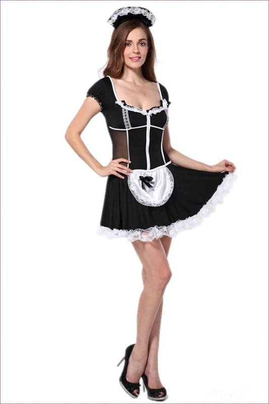 Embrace Playful Elegance With This Short Sleeve Ruffle Maid Uniform. Complete a Charming Headband. Get Yours