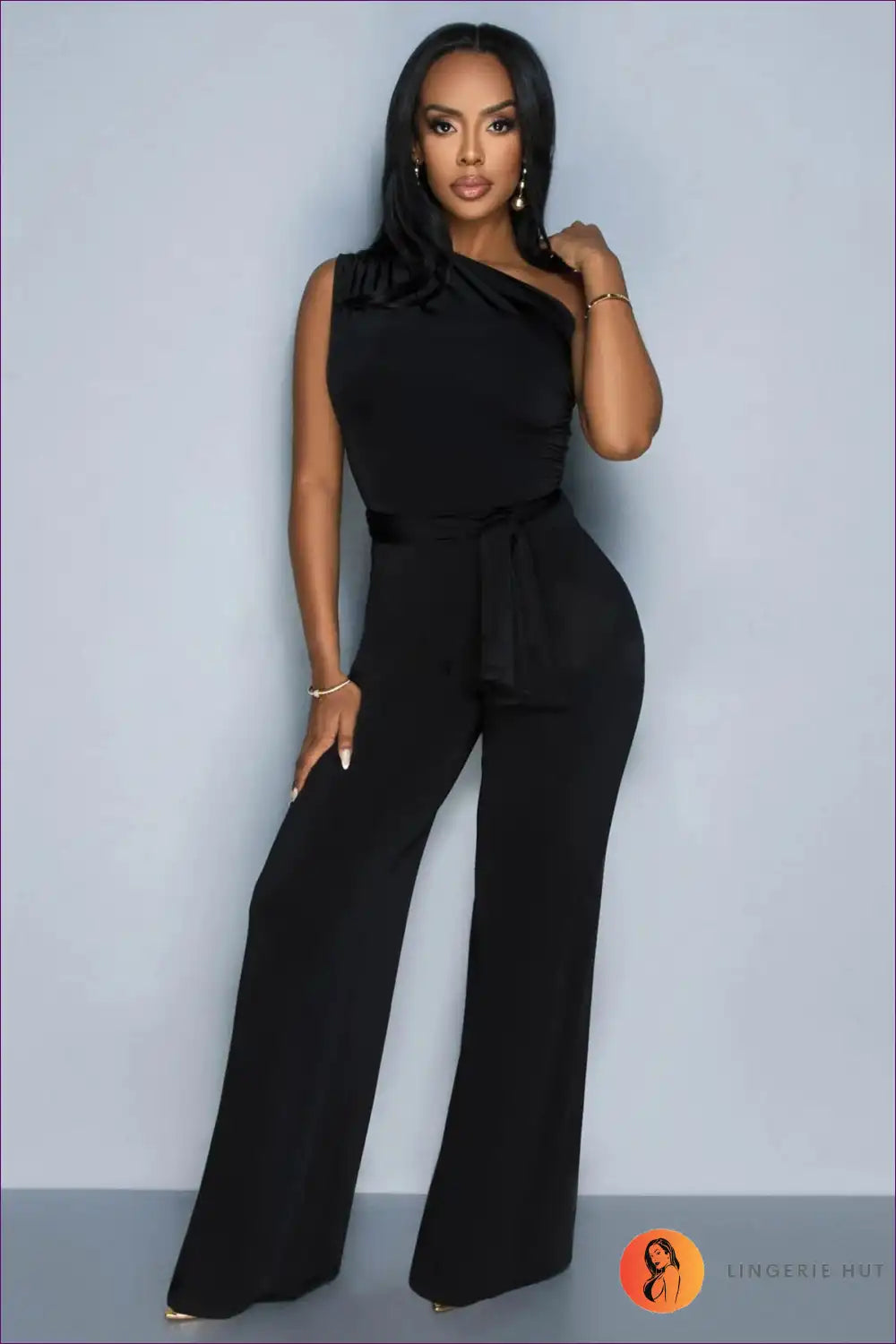One-shoulder Belted Jumpsuit for Summer Nights - Effortless Cool Evening Wear, Formal Party, Sleeveless,
