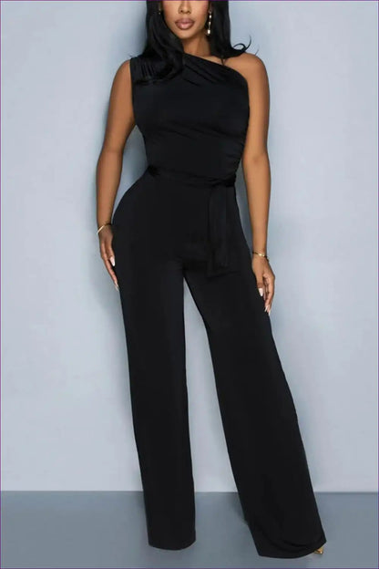 One-shoulder Belted Jumpsuit for Summer Nights - Effortless Cool Evening Wear, Formal Party, Sleeveless,