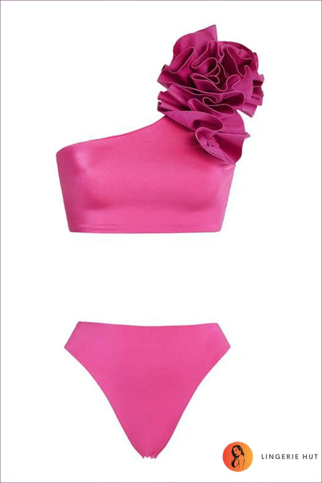 One Shoulder Bikini with Floral Ruffle