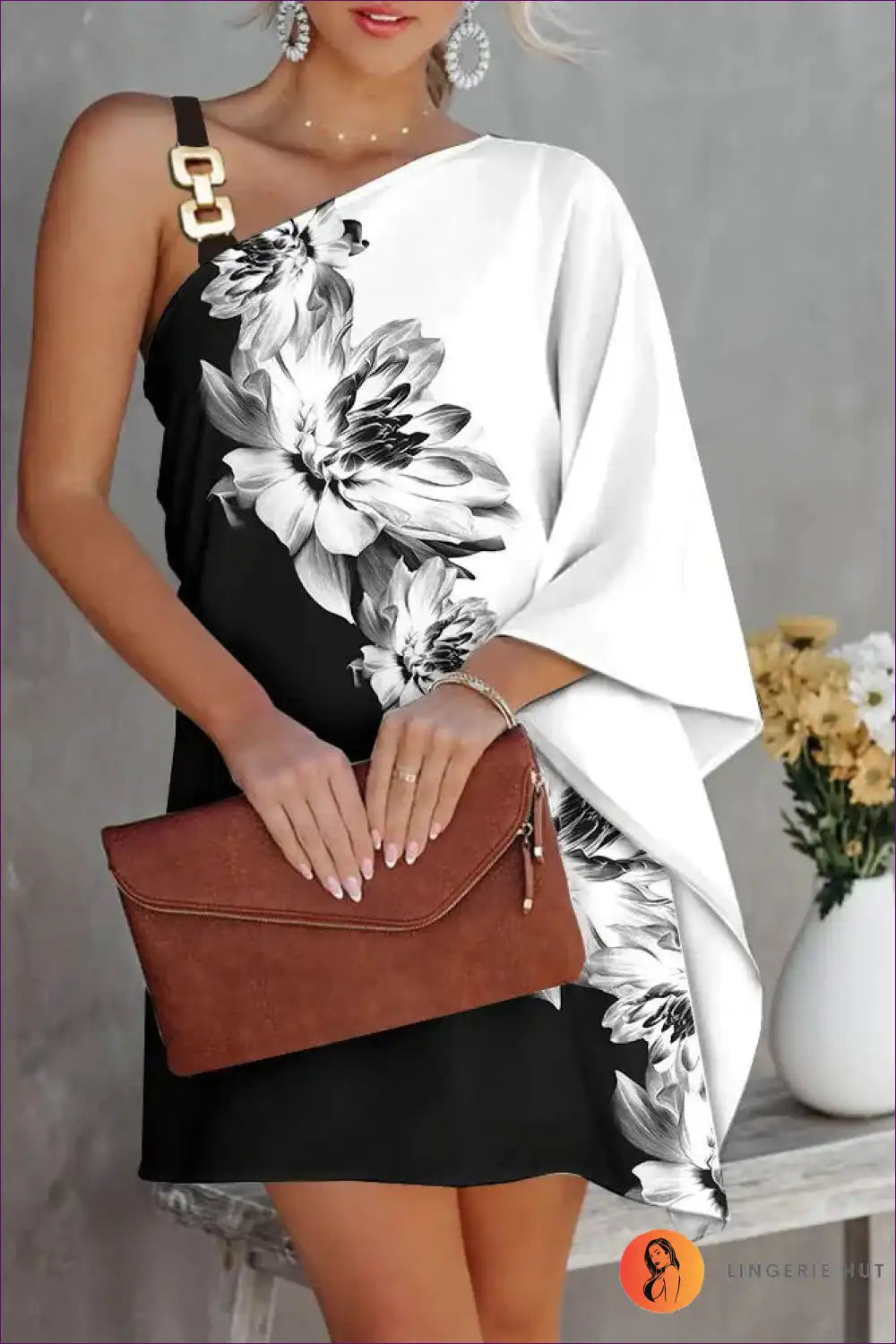 One-shoulder Dress with Abstract Print - Statement Evening for Bodycon, Cutout, Date Night, Dress, Evening