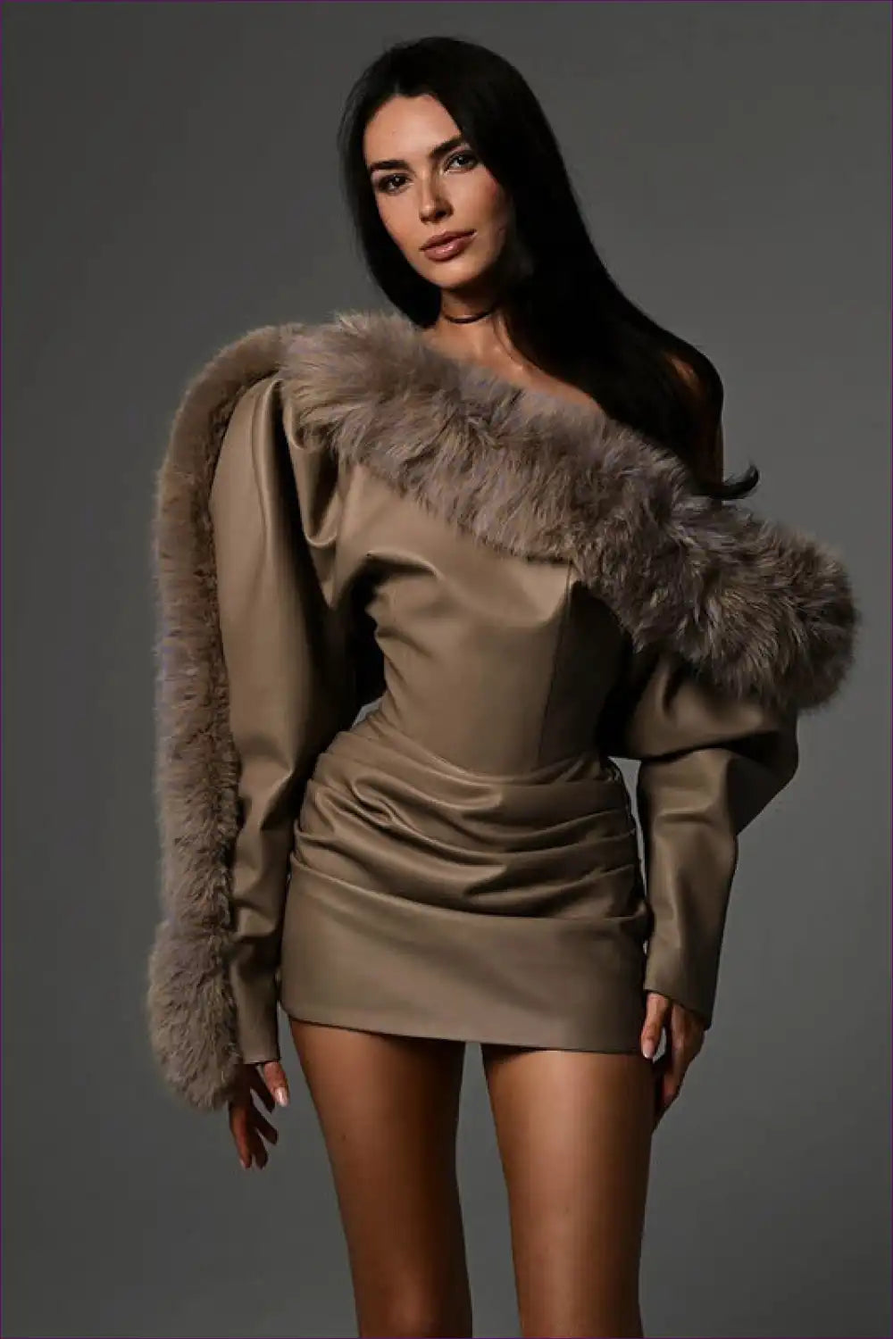One-shoulder Faux Fur Bodycon Dress for Party Season - Bold Luxe Energy Autumn, Bodycon, Evening Wear,