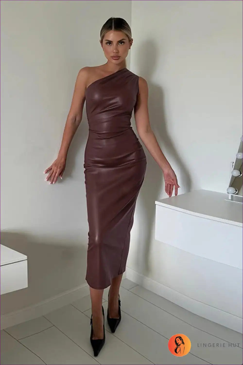 One-shoulder Faux Leather Bodycon Midi Dress – Sexy Party Look