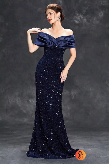 Off-shoulder Fishtail Dress with Sequin Detail - Evening Sophistication for Autumn, Bodycon, Dress, Evening