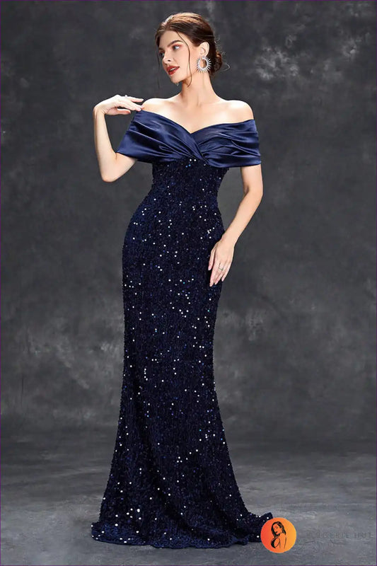 Off-shoulder Fishtail Dress with Sequin Detail - Evening Sophistication for Autumn, Bodycon, Dress, Evening