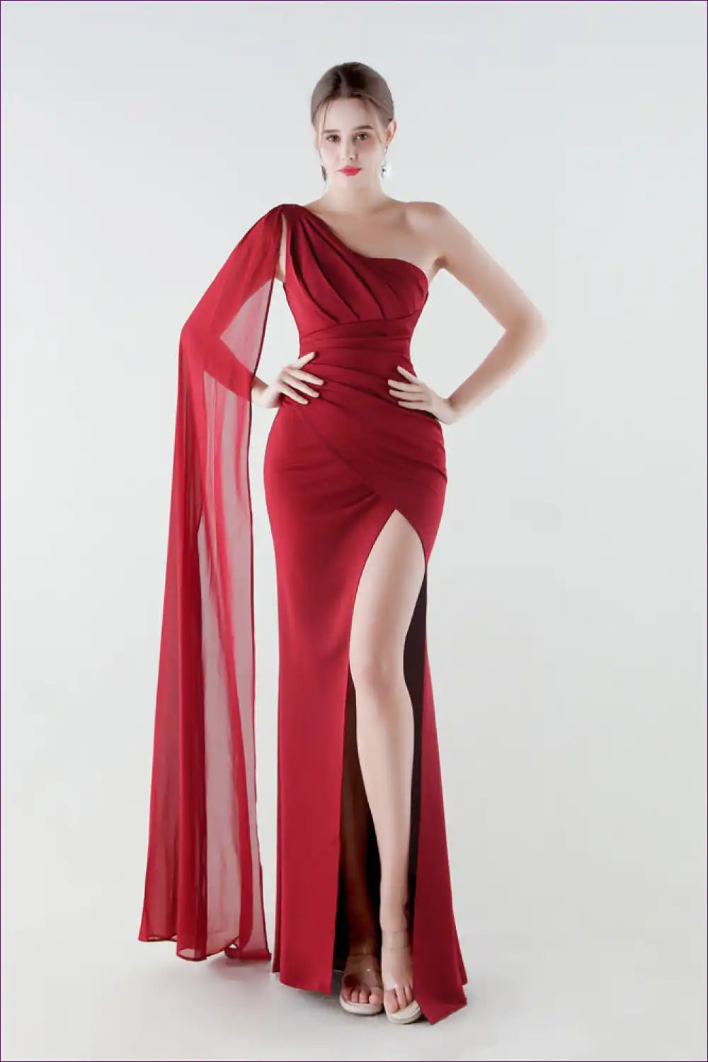 One Shoulder Fishtail Maxi Dress with Chiffon Ribbon Detail for Chiffon, Date Night, Evening Wear, Formal