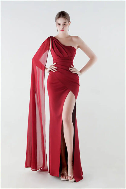 One Shoulder Fishtail Maxi Dress with Chiffon Ribbon Detail for Chiffon, Date Night, Evening Wear, Formal