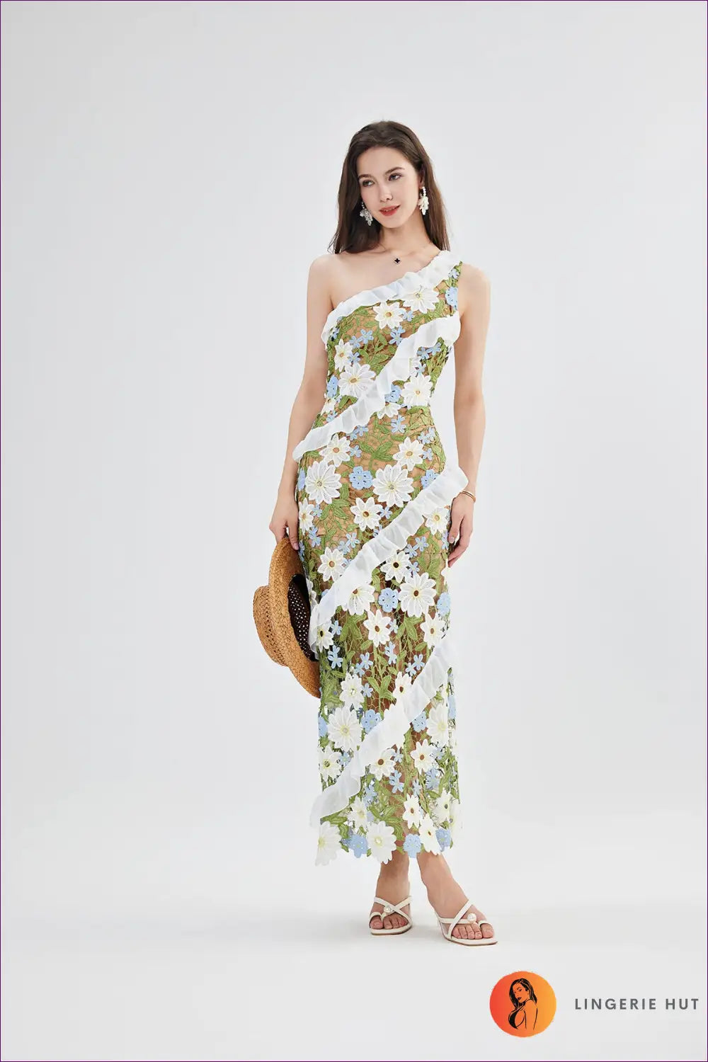 One-shoulder Floral Lace Bodycon Maxi Dress - Ruffle Trim - Everyday • just in - Esung