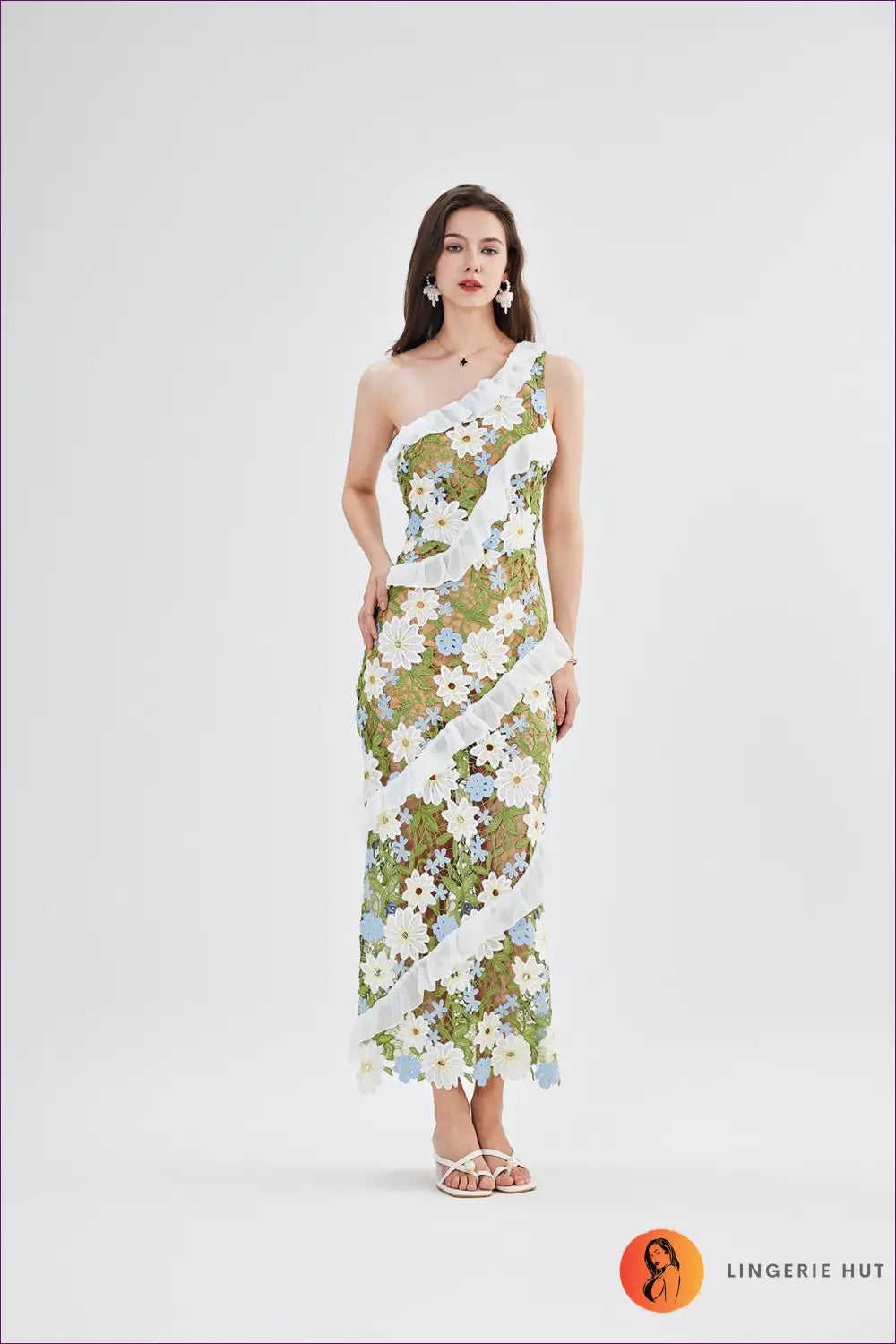 One-shoulder Floral Lace Bodycon Maxi Dress - Ruffle Trim - Everyday • just in - Esung