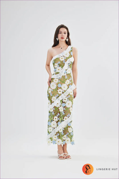 One-shoulder Floral Lace Bodycon Maxi Dress - Ruffle Trim - Everyday • just in - Esung