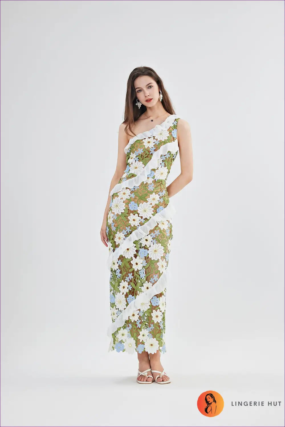 One-shoulder Floral Lace Bodycon Maxi Dress - Ruffle Trim - Everyday • just in - Esung