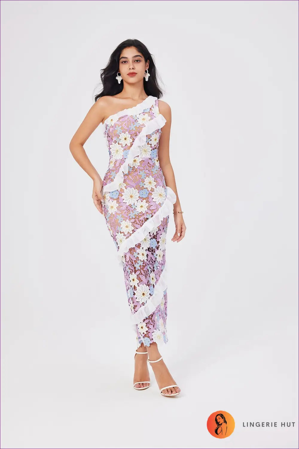 One-shoulder Floral Lace Bodycon Maxi Dress - Ruffle Trim - Everyday • just in - Esung