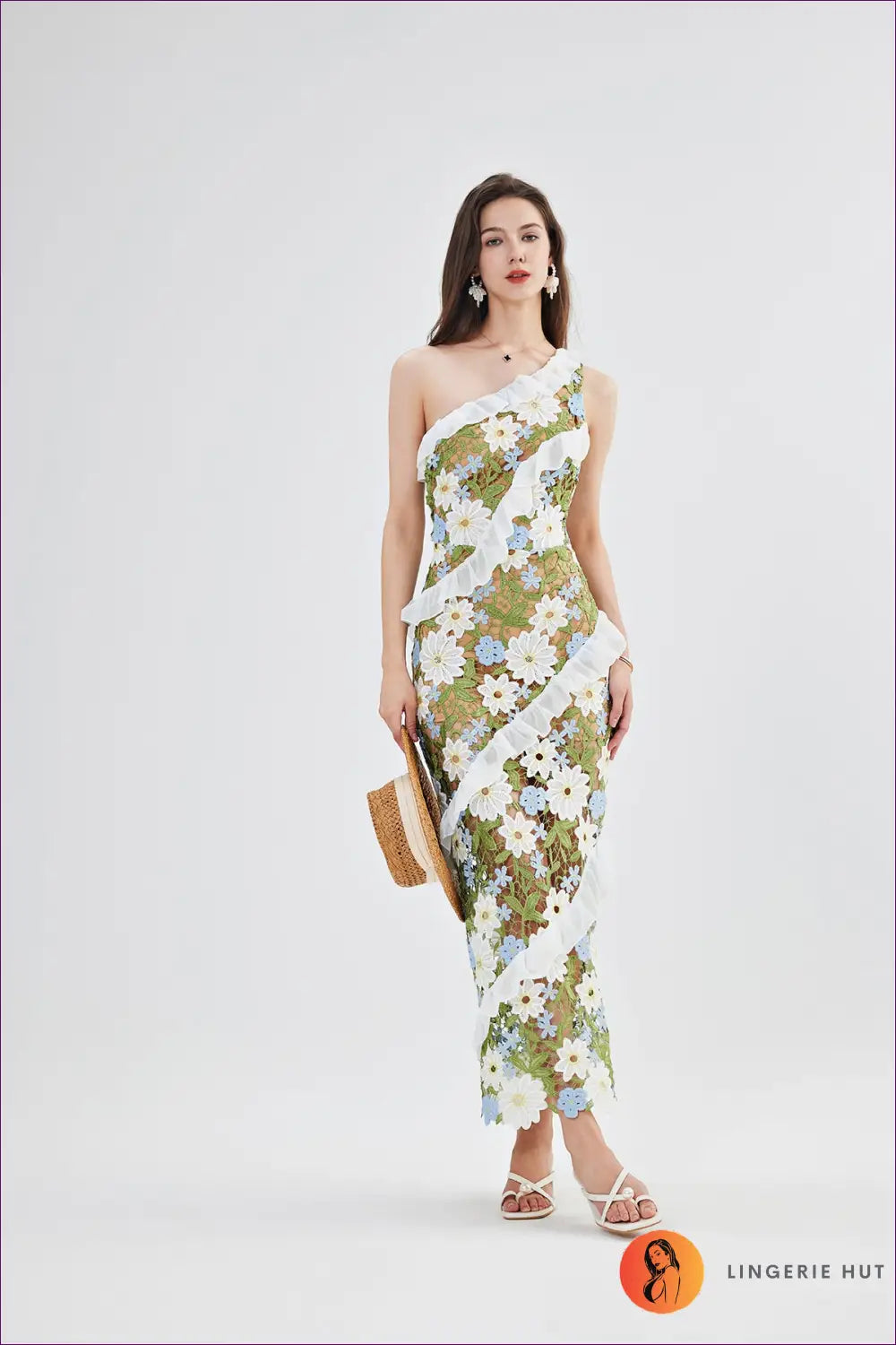 One-shoulder Floral Lace Bodycon Maxi Dress - Ruffle Trim - Everyday • just in - Esung