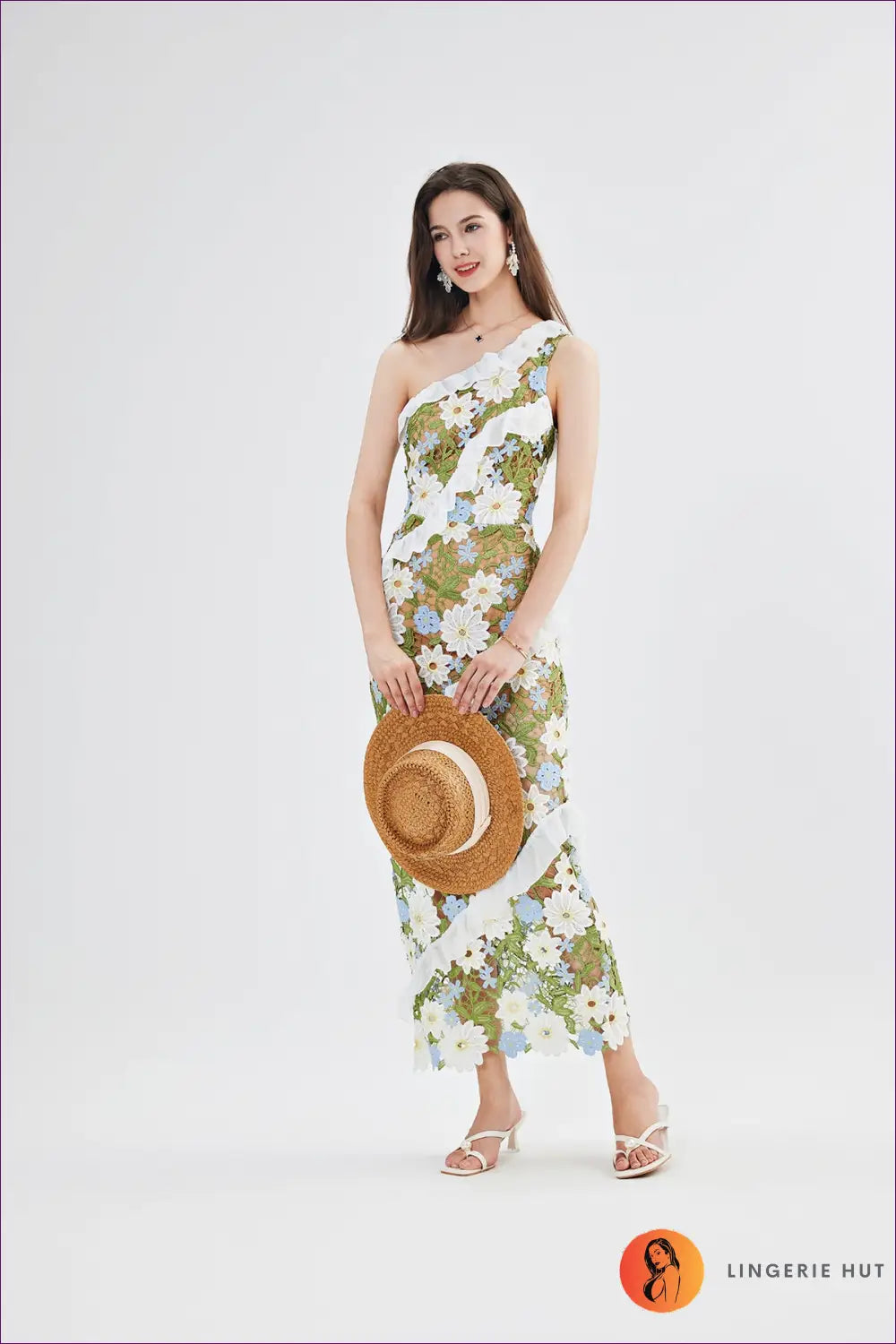 One-shoulder Floral Lace Bodycon Maxi Dress - Ruffle Trim - Everyday • just in - Esung