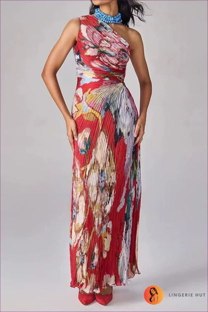 One-shoulder Floral Maxi Dress with Pleated Skirt - Poolside Getaway - s / Multi - Casual • Dresses • Everyday