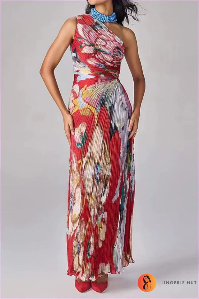 One-Shoulder Floral Maxi Dress with Pleated Skirt - Poolside Getaway