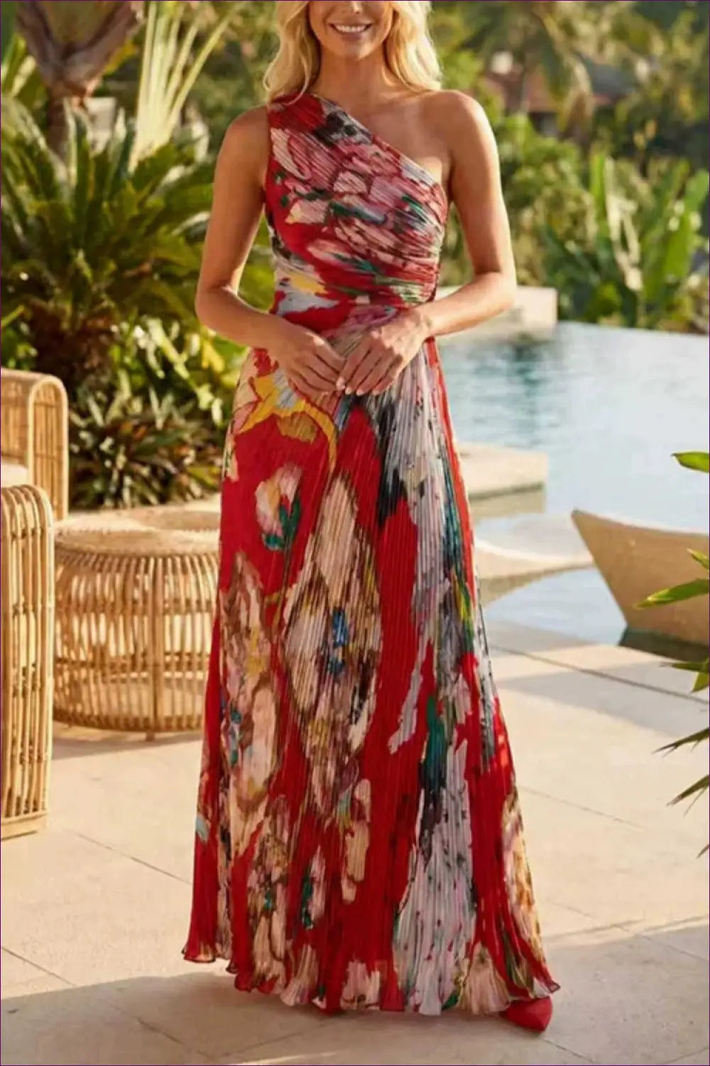 One-shoulder Floral Maxi Dress with Pleated Skirt - Poolside Getaway - Casual • Dresses • Everyday • Lingerie Hut