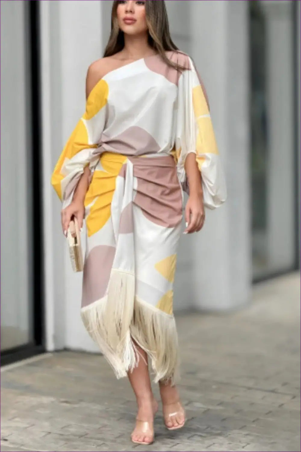 One Shoulder Fringe co Ord Set - Understated Glamour - s / Yellow - Outfit Sets - Lingerie Hut - Autumn • Casual