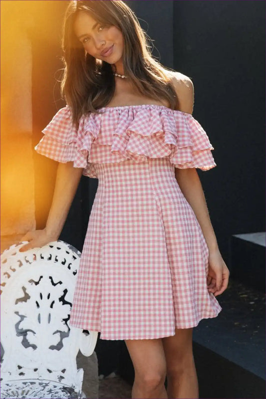 Off Shoulder Gingham Ruffle Dress - Playful Summer Romance for A-line, Casual, Dress, Dresses,