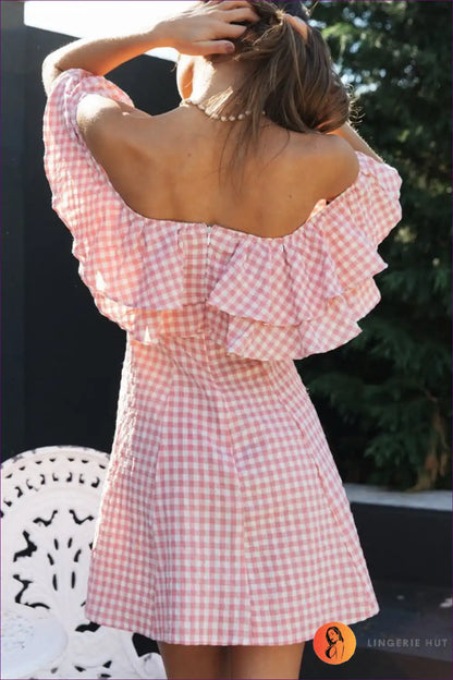 Off Shoulder Gingham Ruffle Dress - Playful Summer Romance for A-line, Casual, Dress, Dresses,
