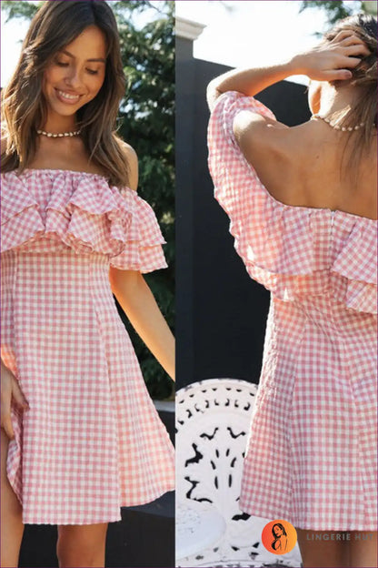 Off Shoulder Gingham Ruffle Dress - Playful Summer Romance for A-line, Casual, Dress, Dresses,