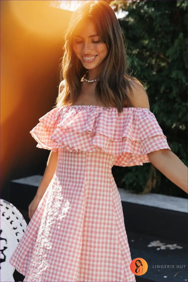 Off Shoulder Gingham Dress - Garden Party Ready