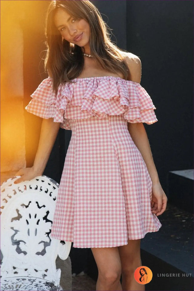Off Shoulder Gingham Dress - Garden Party Ready