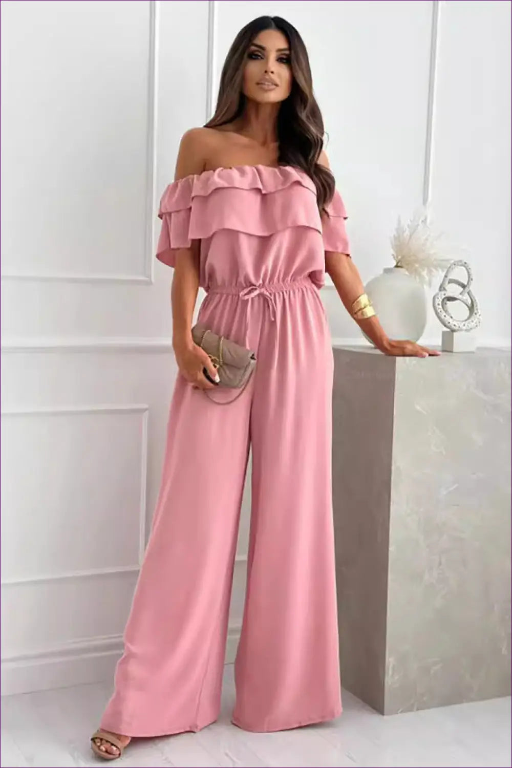 Off-shoulder Jumpsuit with Ruffle Neckline - Garden Party Ready - s / Pink - One-pieces - Lingerie Hut - Backless