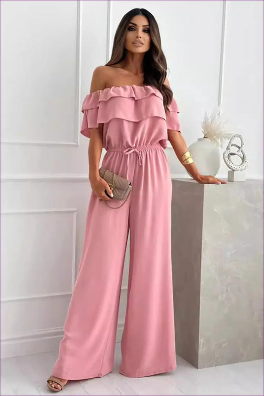 Off-shoulder Jumpsuit with Ruffle Neckline - Garden Party Ready - s / Pink - One-pieces - Lingerie Hut - Backless