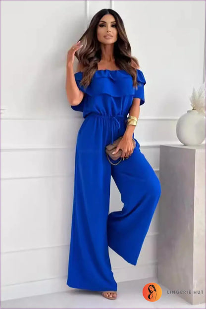 Off-shoulder Jumpsuit with Ruffle Neckline - Garden Party Ready - s / Blue - One-pieces - Lingerie Hut - Backless