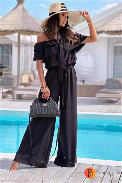 Off-shoulder Jumpsuit with Ruffle Neckline - Garden Party Ready - s / Black - One-pieces - Lingerie Hut - Backless