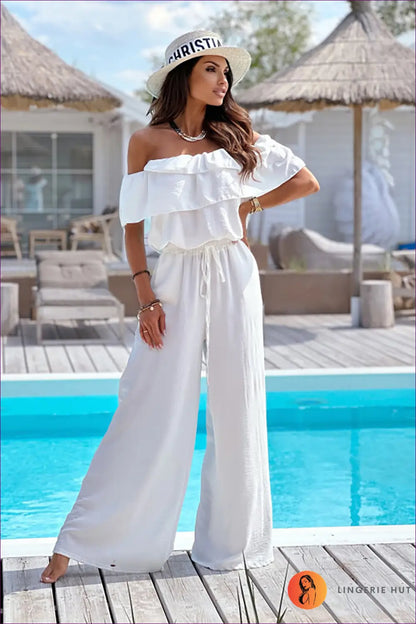 Off-shoulder Jumpsuit with Ruffle Neckline - Garden Party Ready - s / White - One-pieces - Lingerie Hut - Backless