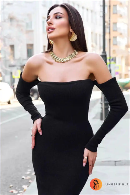 Off Shoulder Knit Bodycon Dress - Statement Night out Midi for Autumn, Bodycon, Date Night, Dress, Glamour