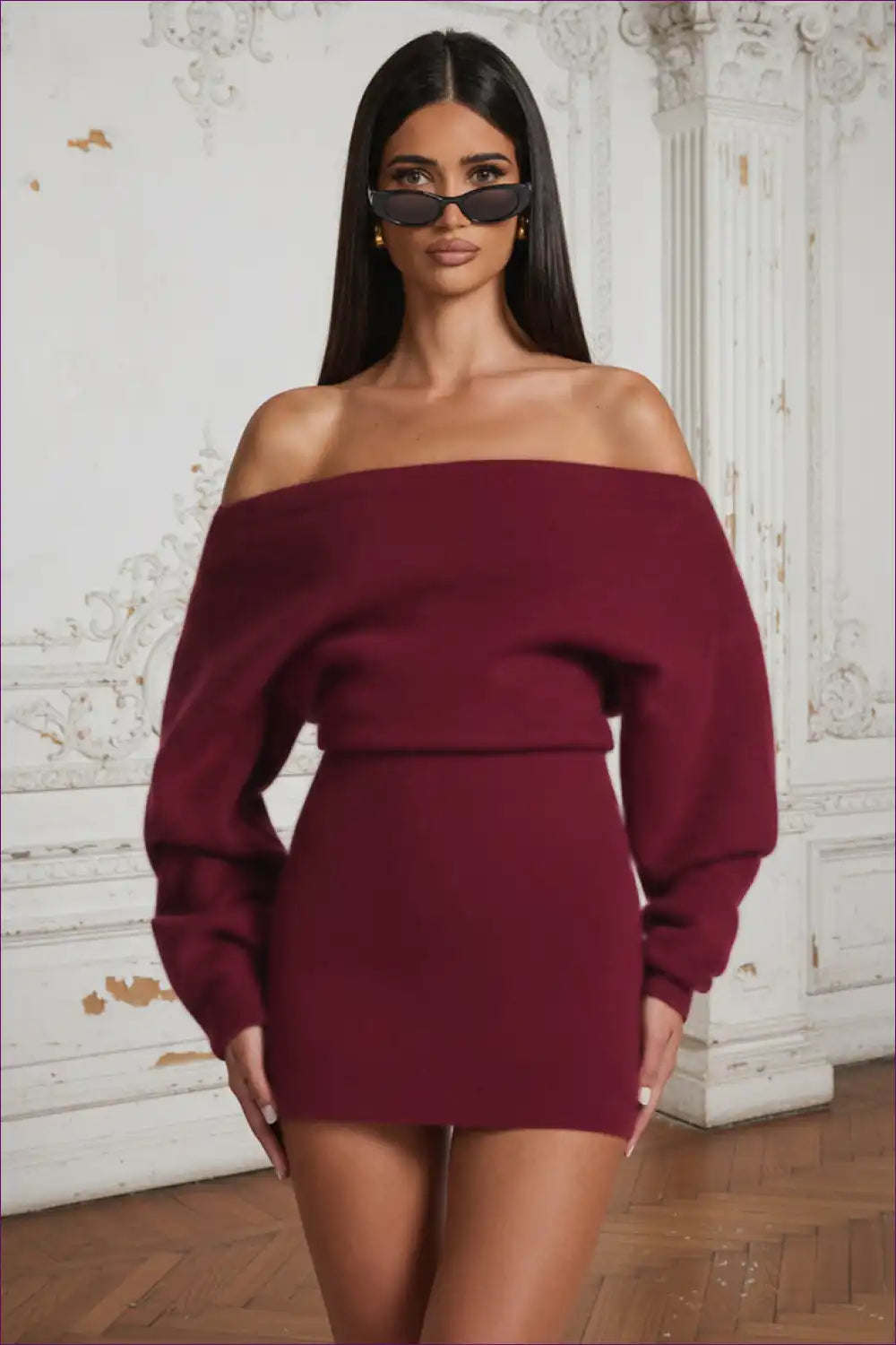 Off Shoulder Knit Dress with Balloon Sleeves for Autumn, Bodycon, Casual, Everyday,