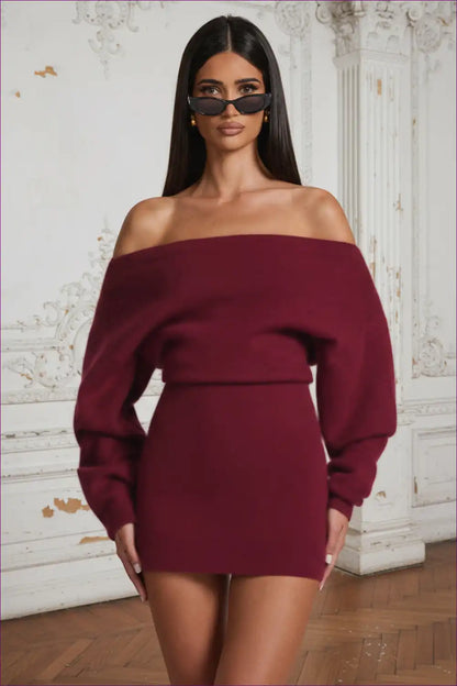 Off Shoulder Knit Dress with Balloon Sleeves for Autumn, Bodycon, Casual, Everyday,