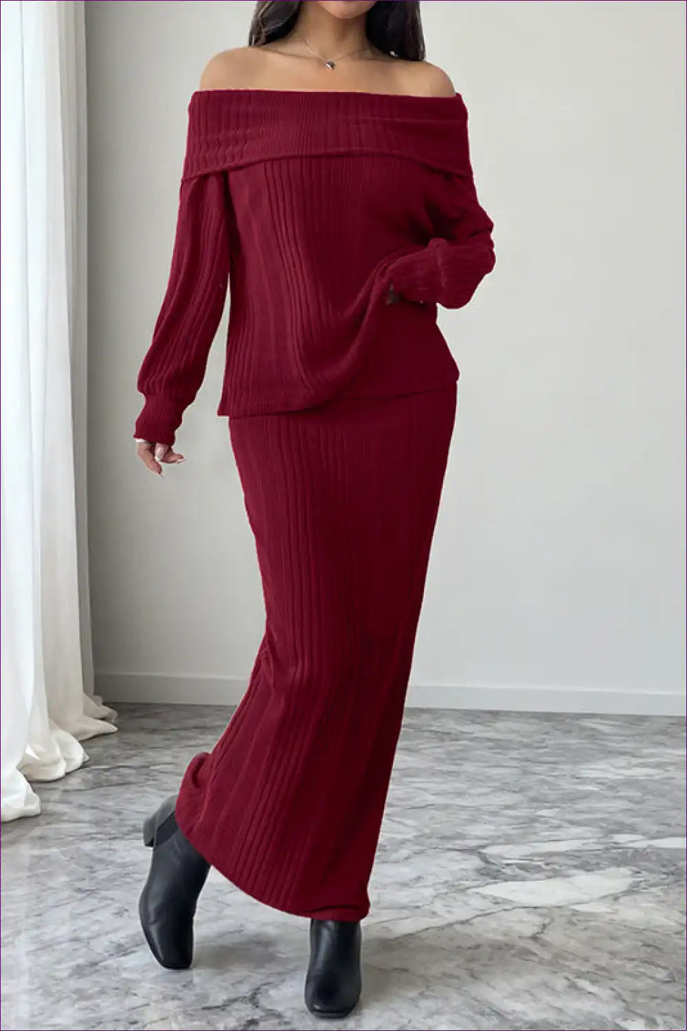 Off Shoulder Knit Set with Maxi Skirt - Cosy Elegance for Autumn, Casual, co Ord, Everyday,