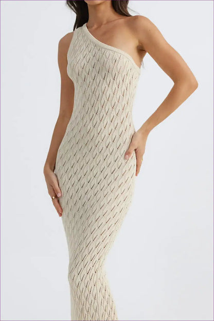 One Shoulder Knitted Maxi Dress with Cutouts - Sculpted Summer Muse for Bodycon, Boho, Cutout, Dress, Glamour