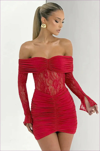 Off-shoulder Lace Bodycon Mini Dress for Club Nights - Sultry Energy Autumn, Bodycon, Clubwear, Evening Wear,