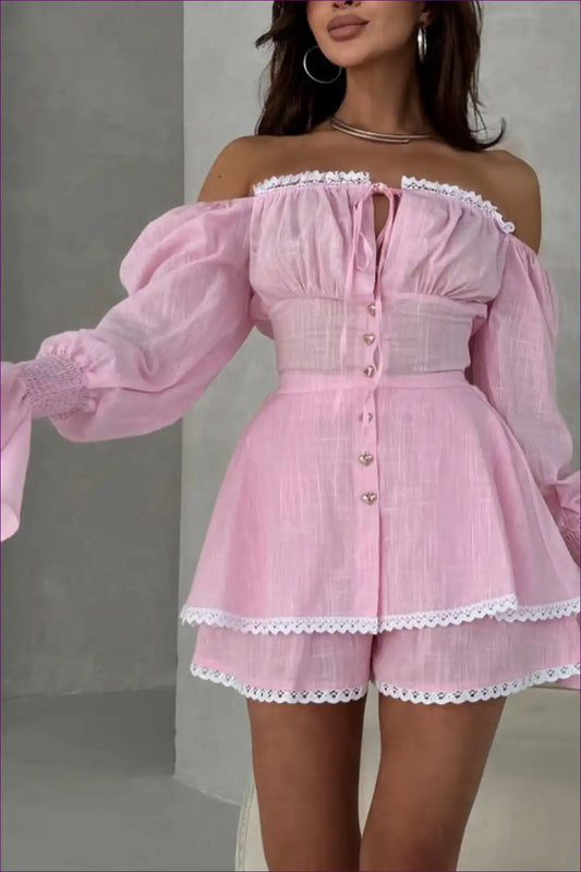 Off Shoulder Lace Two Piece Set with Bell Sleeves - Playful Romance for Autumn, Casual, co Ord, Cotton,