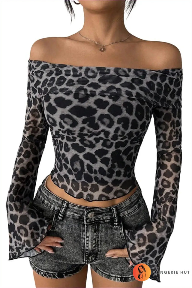 Off-Shoulder Leopard Print Top with Flared Sleeves - Wild Nights