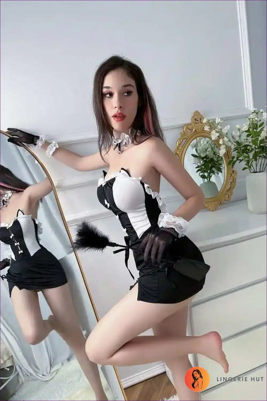 Off-shoulder Maid Babydoll Dress with Flirty Skirt for Babydoll, Everyday, just In, Lace, Loungewear