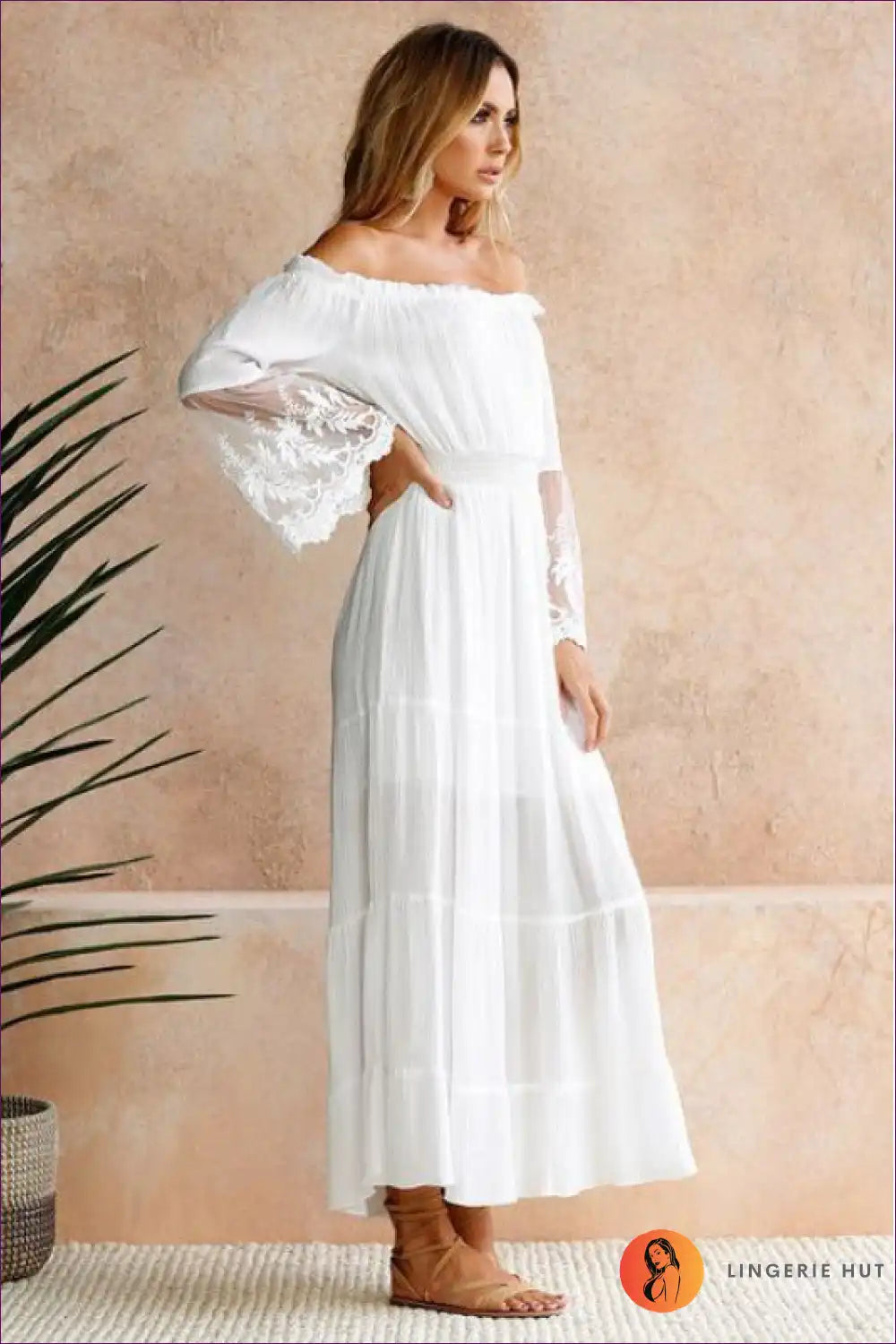 Off Shoulder Maxi Dress with Lace Sleeves - Romantic for A-line, Beachwear, Boho, Dresses, Formal Wear