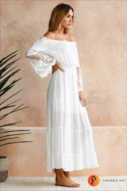 Off Shoulder Maxi Dress with Lace Sleeves - Romantic for A-line, Beachwear, Boho, Dresses, Formal Wear