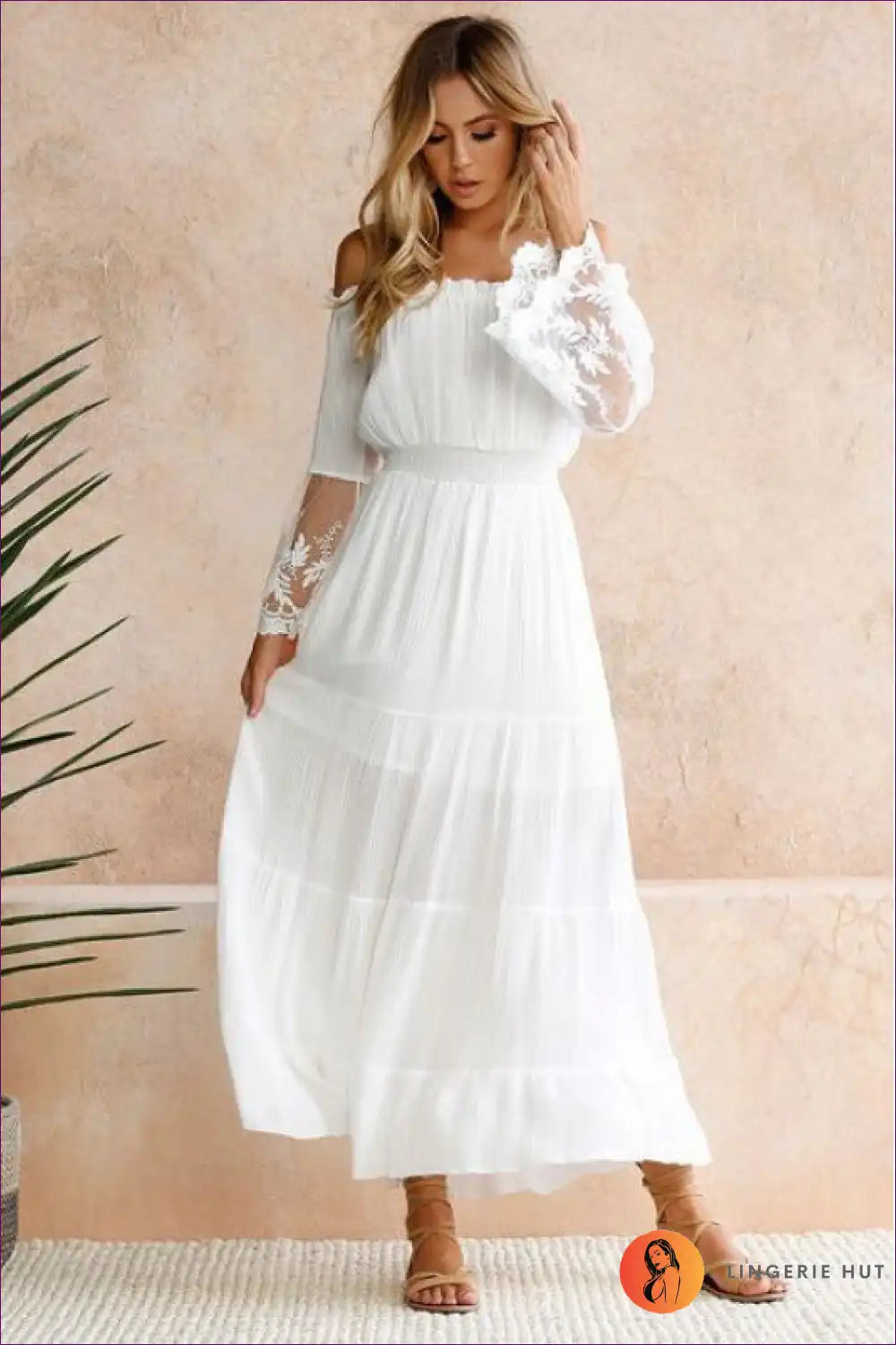 Off Shoulder Maxi Dress with Lace Sleeves - Romantic for A-line, Beachwear, Boho, Dresses, Formal Wear