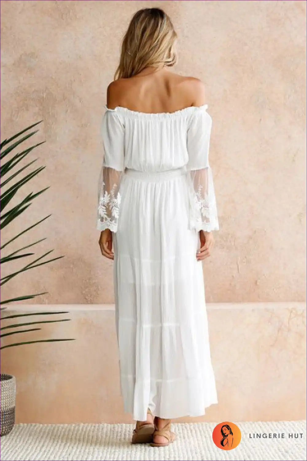 Off Shoulder Maxi Dress with Lace Sleeves - Romantic for A-line, Beachwear, Boho, Dresses, Formal Wear