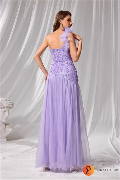 One Shoulder Maxi Dress with Petal Detail - Evening Elegance for Date Night, Evening Wear, Floral, Formal