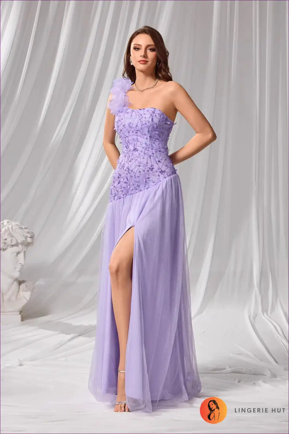 One Shoulder Maxi Dress with Petal Detail - Evening Elegance for Date Night, Evening Wear, Floral, Formal