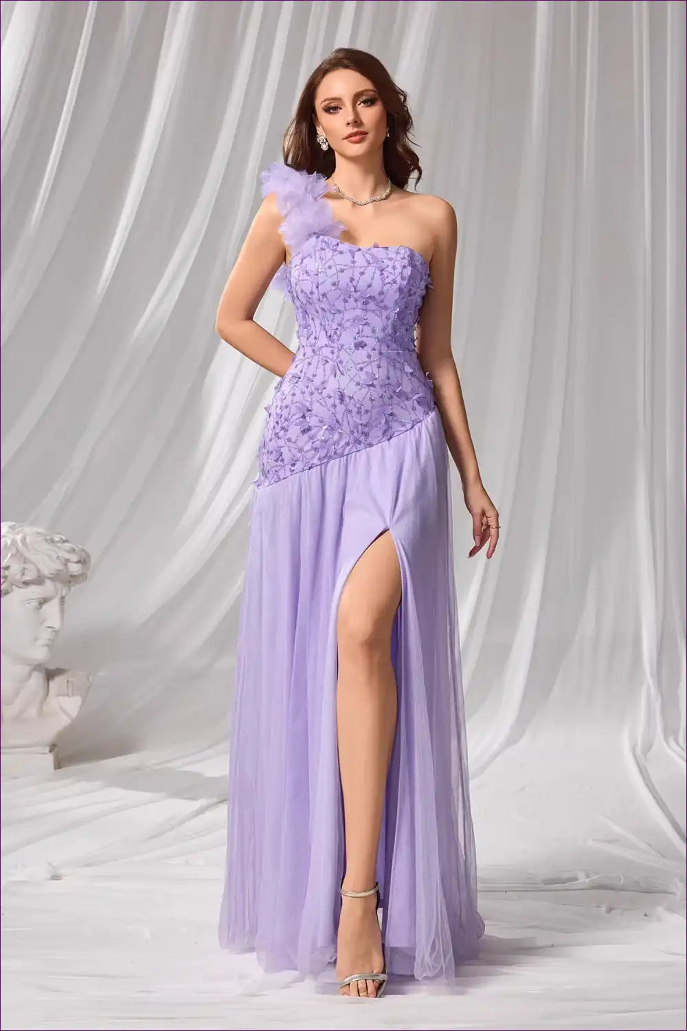 One Shoulder Maxi Dress with Petal Detail - Evening Elegance for Date Night, Evening Wear, Floral, Formal