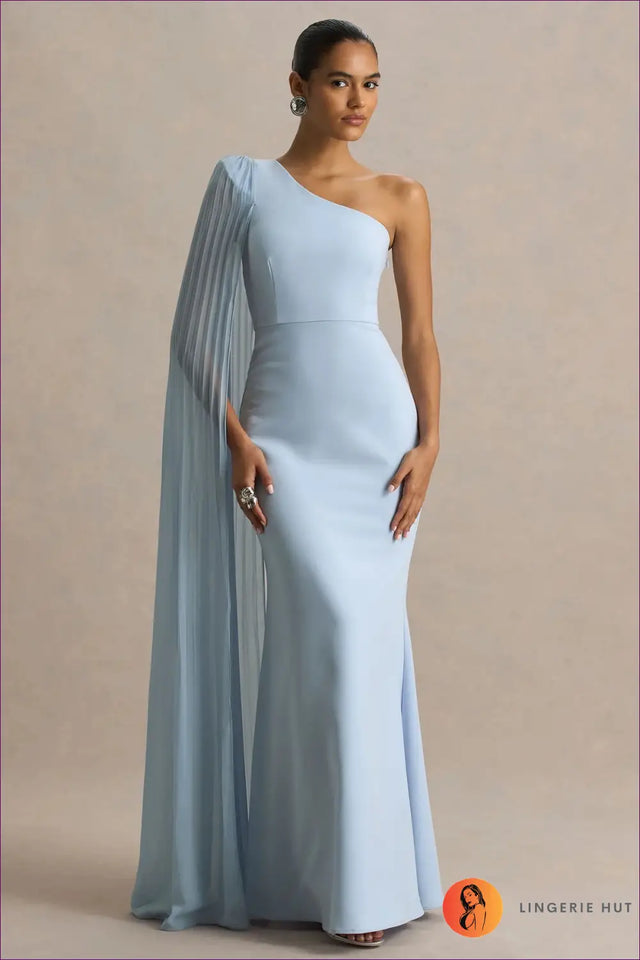 One Shoulder Maxi Dress with Pleated Cape - Light Blue Evening Grace