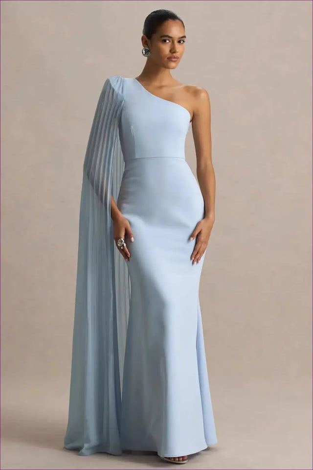 One Shoulder Maxi Dress with Pleated Cape - Light Blue Evening Grace